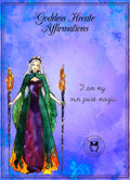Cover of a booklet titled 'Goddess Hekate Affirmations' featuring a green-colored illustration of a female figure with a crown and holding a staff with two torches, against a purple and blue background with text.