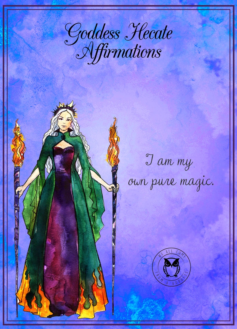 Cover of a booklet titled 'Goddess Hekate Affirmations' featuring a green-colored illustration of a female figure with a crown and holding a staff with two torches, against a purple and blue background with text.