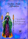 Cover of a booklet titled 'Goddess Hekate Affirmations' featuring a green-colored illustration of a female figure with a crown and holding a staff with two torches, against a purple and blue background with text.