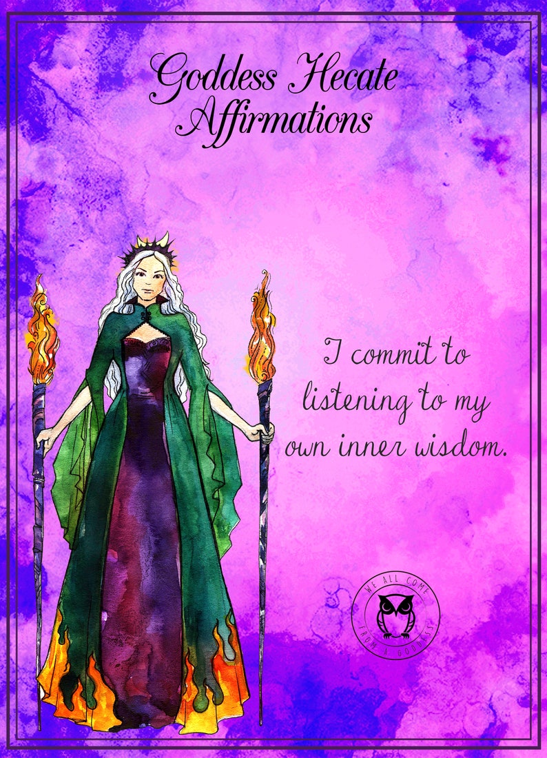 Cover of a booklet titled 'Goddess Hekate Affirmations' featuring a green-colored illustration of a female figure with a crown and holding a staff with two torches, against a purple and blue background with text.