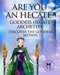 Cover of a booklet titled 'Goddess Hekate Affirmations' featuring a green-colored illustration of a female figure with a crown and holding a staff with two torches, against a purple and blue background with text.