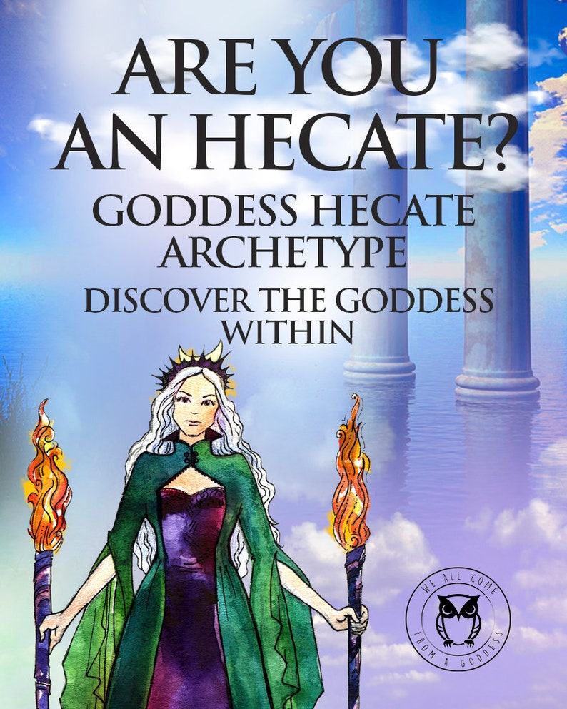 Cover of a booklet titled 'Goddess Hekate Affirmations' featuring a green-colored illustration of a female figure with a crown and holding a staff with two torches, against a purple and blue background with text.