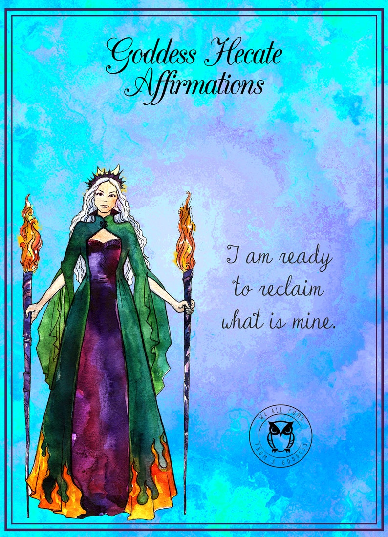 Cover of a booklet titled 'Goddess Hekate Affirmations' featuring a green-colored illustration of a female figure with a crown and holding a staff with two torches, against a purple and blue background with text.
