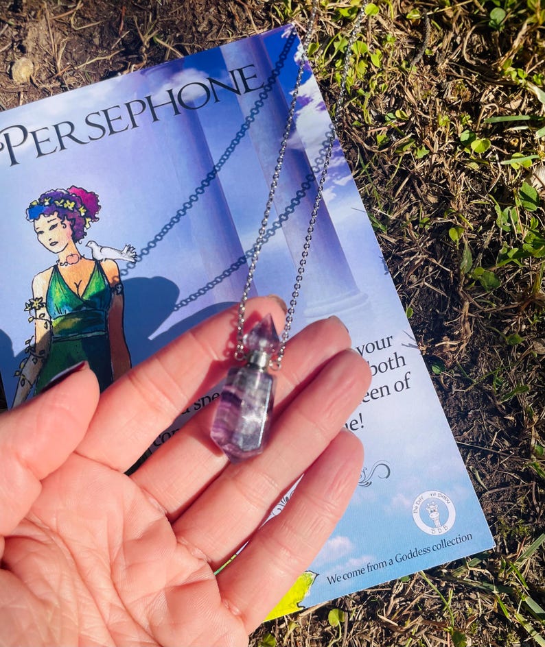 Goddess Persephone intuition activator/Fluorite Perfume Bottle Necklace with healing essence oil, Persephone fluorite healing necklace